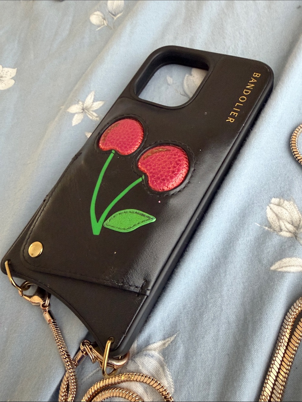 Bandolier Leather Crossbody PhoneCase w/Pink CherryDesign for iPhone 14 Pro Max - Picture 3 of 4